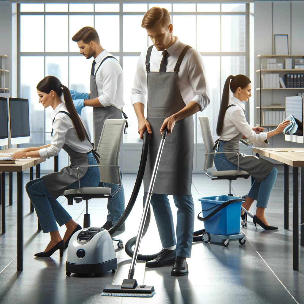 DALL·E 2024 04 19 09.21.17 A professional cleaning team is busy at work in a modern office environment. The scene shows three cleaners two women and one man wearing uniforms. Smart Helpers Center