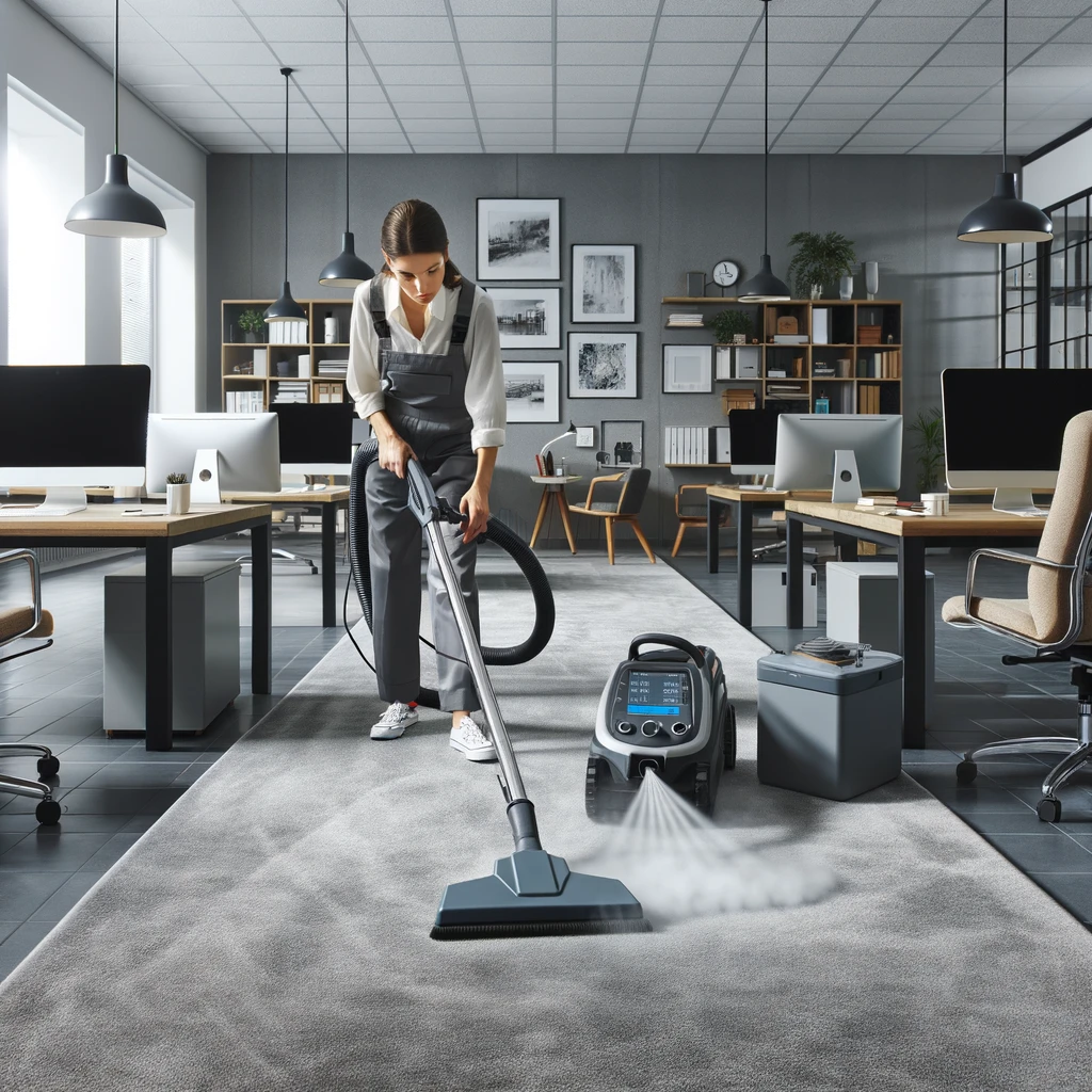 DALL·E 2024 04 19 09.25.38 A detailed scene of an office during a deep cleaning session focusing on the carpet steam cleaning process. The image shows a professional cleaner a Smart Helpers Center