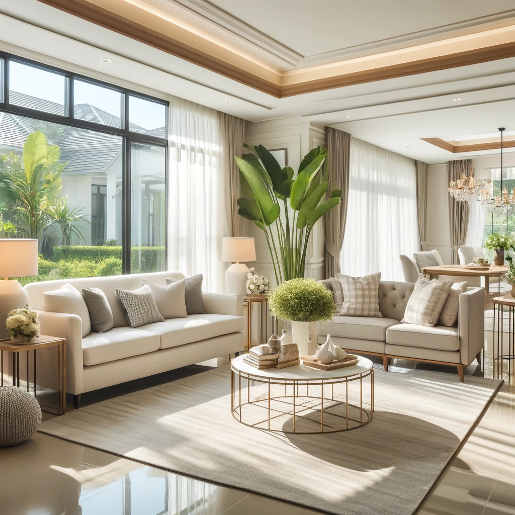 DALL·E 2024 04 19 09.34.44 A beautifully staged living room in a modern home impeccably clean and well organized with natural light streaming through large windows elegant fur Smart Helpers Center