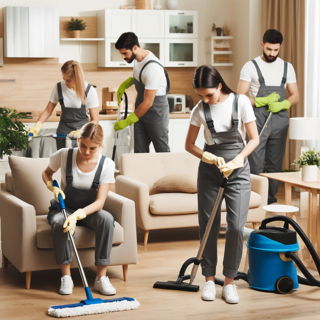 DALL·E 2024 04 19 09.34.47 A team of professional cleaners at work in a modern home wearing uniforms. The scene shows them cleaning various areas like the kitchen and living ro Smart Helpers Center