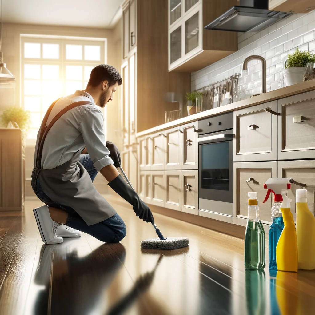 DALL·E 2024 04 19 10.00.43 A modern well equipped kitchen being deep cleaned by a professional cleaner. The cleaner is wearing a uniform and using high quality cleaning product Smart Helpers Center