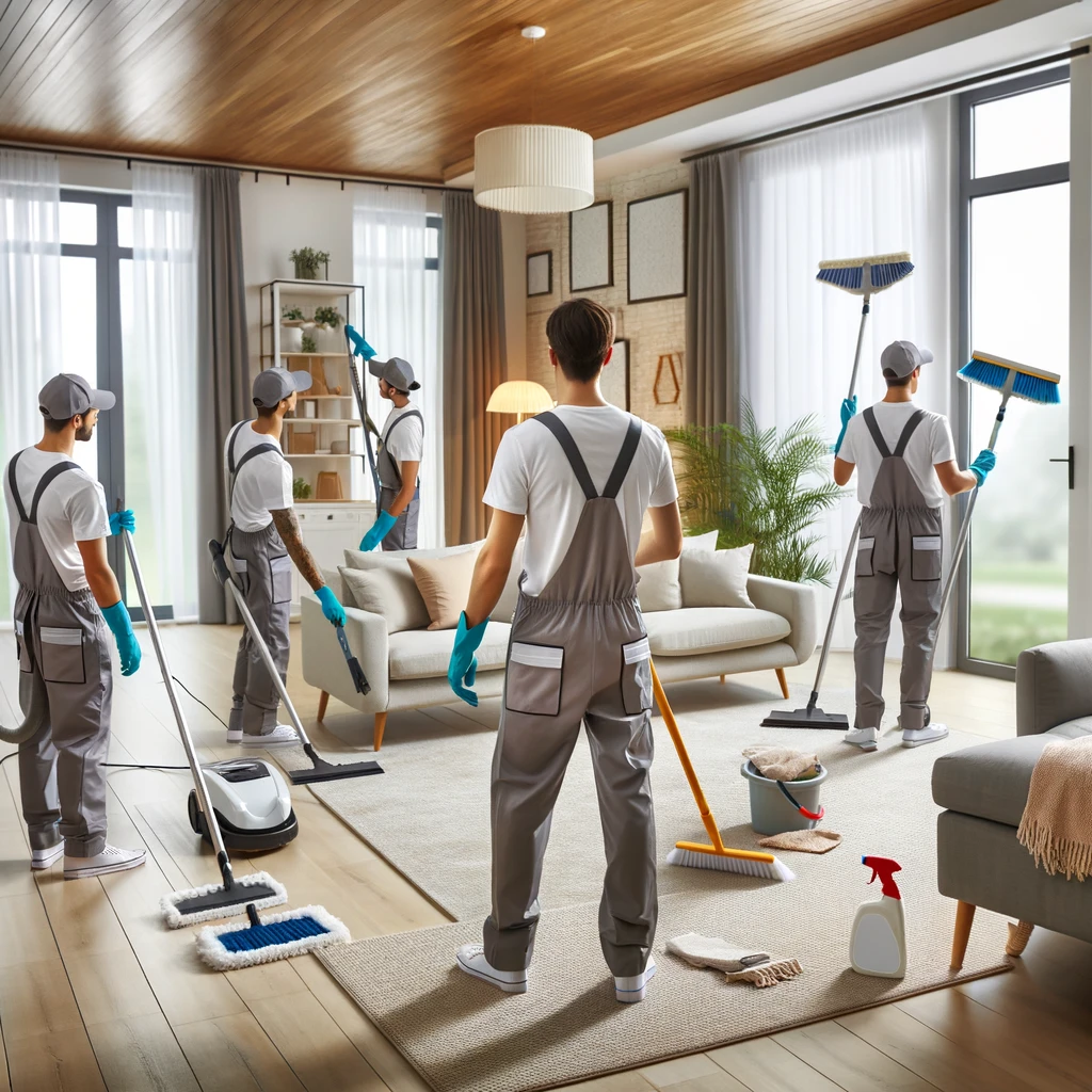 DALL·E 2024 04 19 12.28.36 A professional cleaning service team in uniform cleaning a spacious living room. The team is using long handled dusters to reach high ceilings and cor Smart Helpers Center