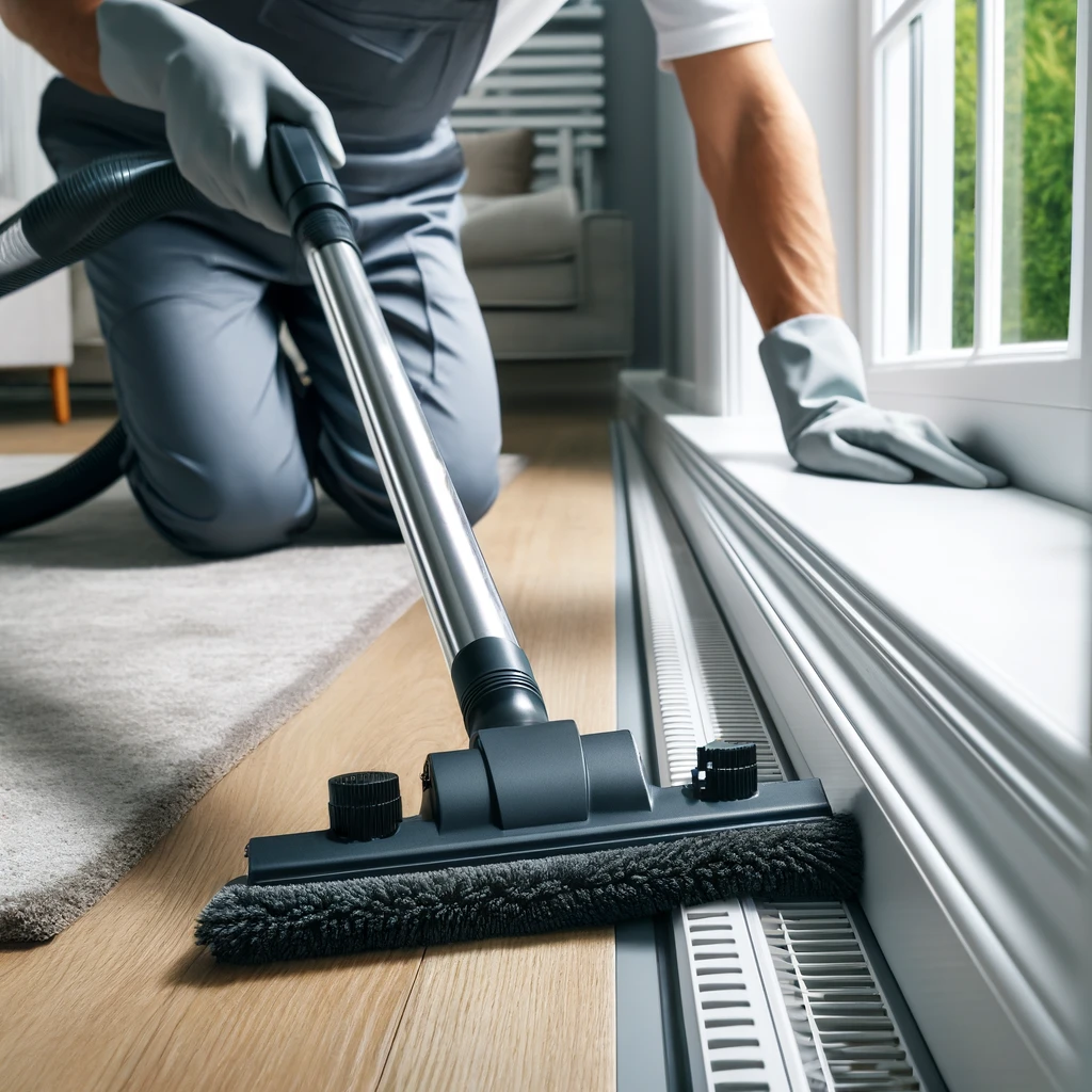 DALL·E 2024 04 19 12.28.38 A close up view of a professional cleaner using specialized tools to clean window tracks and baseboards in a home. The cleaner is equipped with narrow Smart Helpers Center